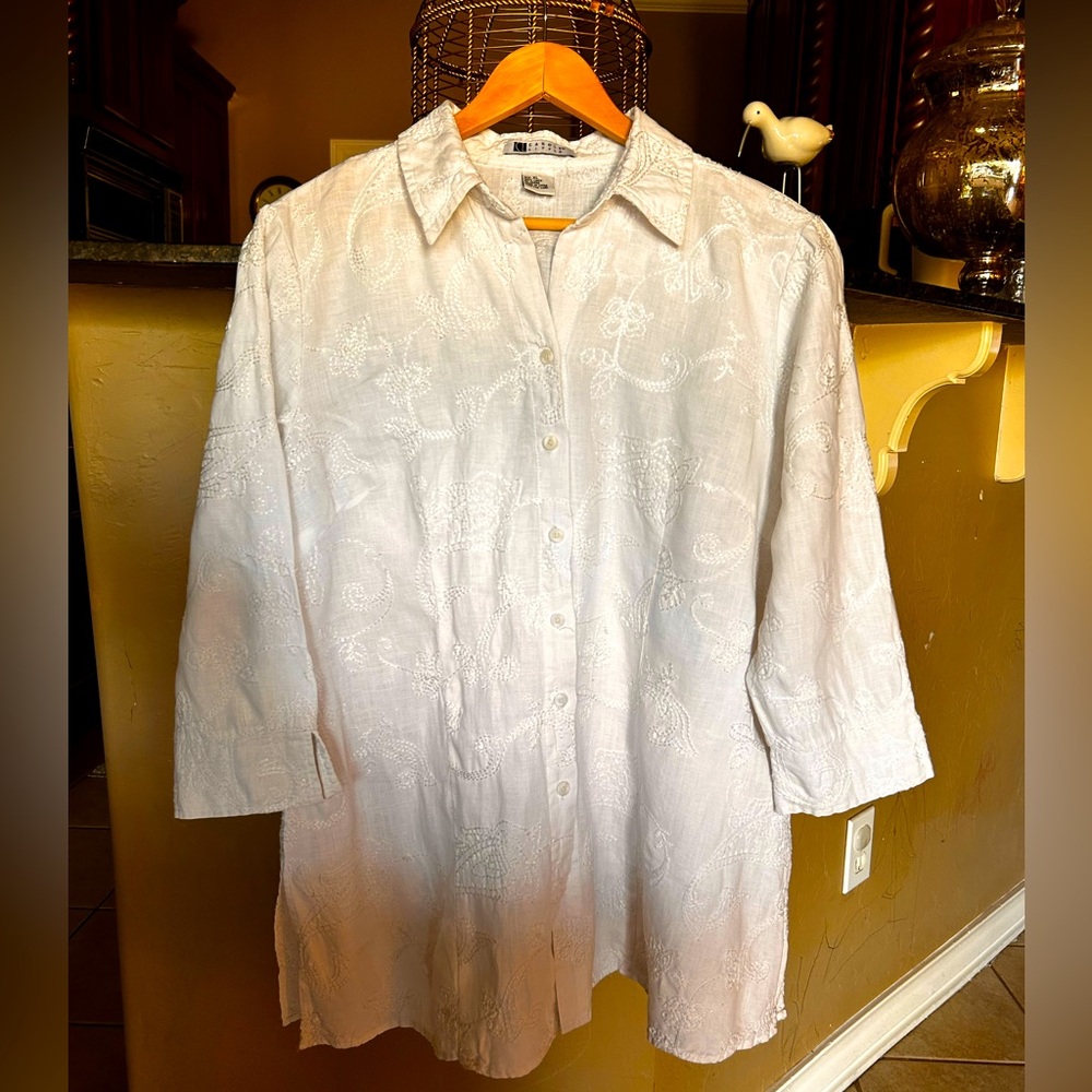 Carole Little Vintage Y2K White Linen Blouse, XL Back Tie Minimalist Button Up.